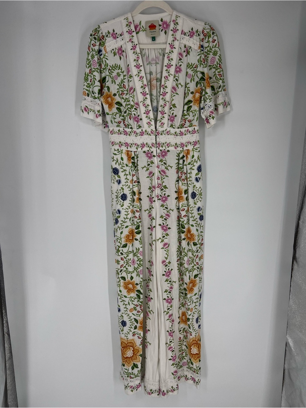 Farm Rio White Colorful Floral V Neck Wide Leg Resortwear Linen Blend Jumpsuit M